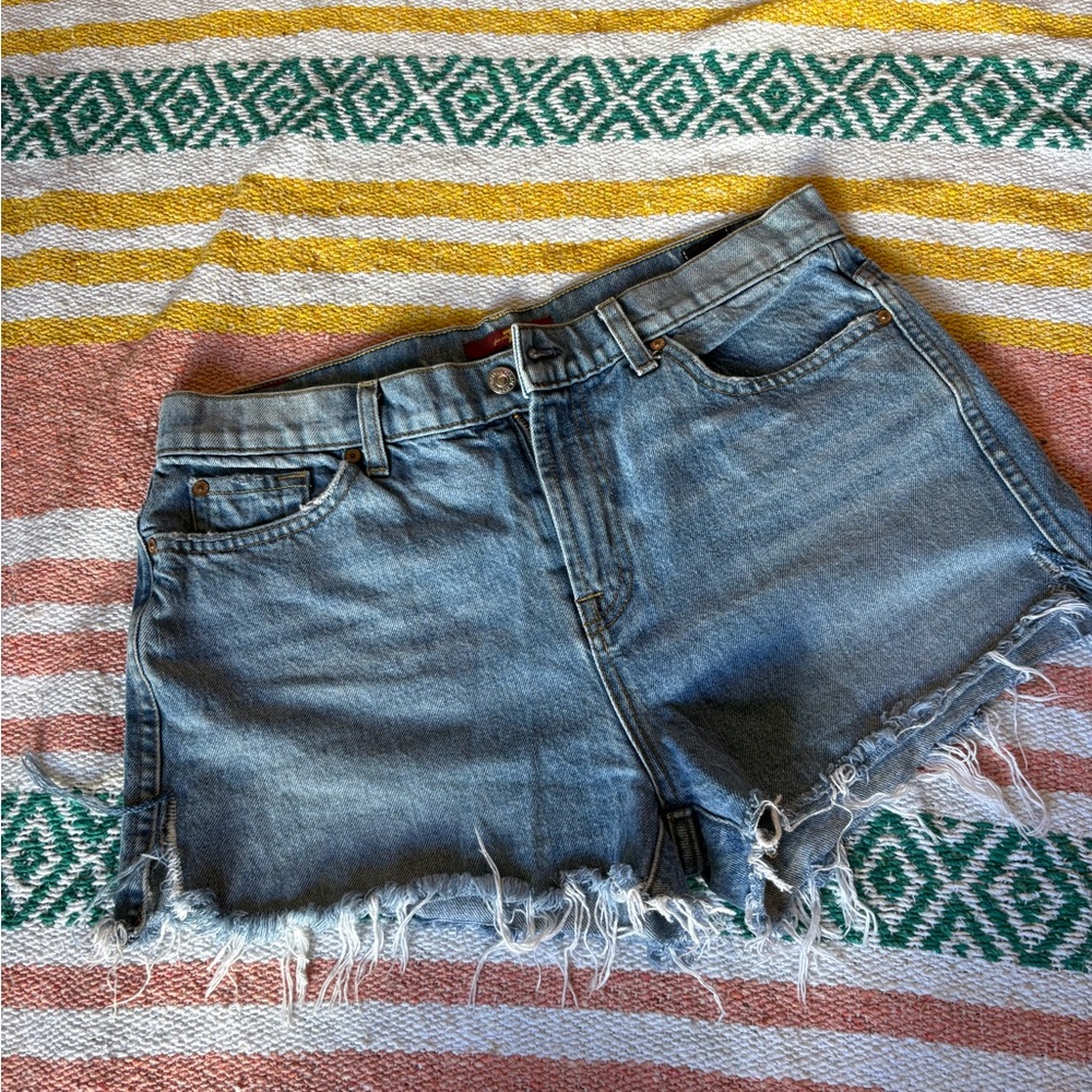 7 For All Mankind Blue Frayed Jean Shorts
